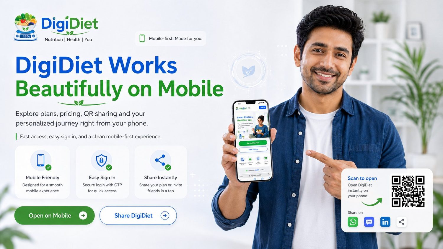 DigiDiet works beautifully on mobile — explore plans, pricing and QR sharing from your phone.
