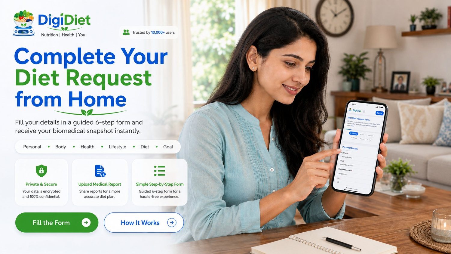 Complete your diet request from home with a guided 6-step form and an instant biomedical snapshot.